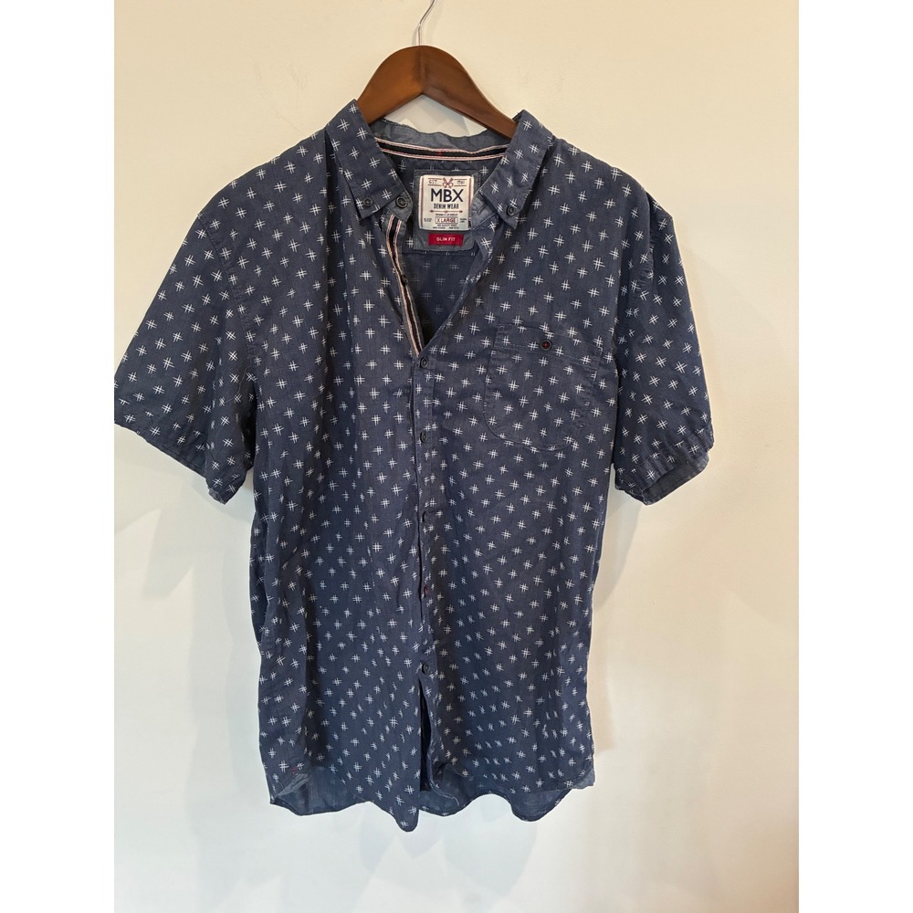 MBX Denim Wear Mens Blue Slim Fit Short Sleeve Button Down Shirt XL Hash Print